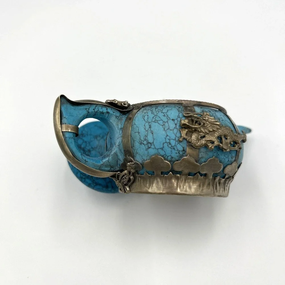 Oriental Turquoise Miniature Teapot with Silver Accents Dragon Phoenix